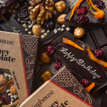 Organic artisan dark chocolate bars no sugar added made with raw honey, happy birthday words, by Teignhouse honey chocolate