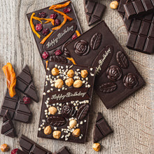 Artisan chocolate bars no sugar added made with raw honey, happy birthday words, by Teignhouse honey chocolate