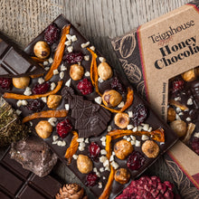 Christmas honey chocolate bar, no added sugar, dark, made with local raw honey and organic cacao