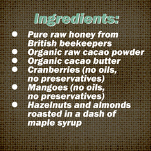 Box of chocolates, refined sugar free, made with honey, ingredients