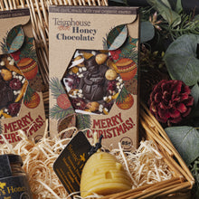 honey chocolate christmas bar dark, topped with hazelnuts and cranberries, made with local Devon honey only pure natural ingredients