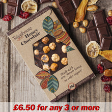 Healthy honey chocolate bar made with raw British honey dark organic cacao and whole hazelnuts, paleo friendly, clean eating friendly