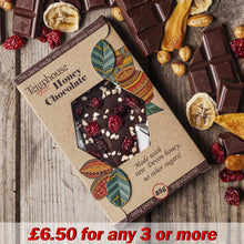 Honey chocolate bar made with local raw Devon honey and dark organic cacao, no added sugar, topped with cranberries