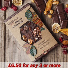 Honey chocolate bar, no added sugar,  made with local UK honey and organic cacao, topped with walnuts and apricots