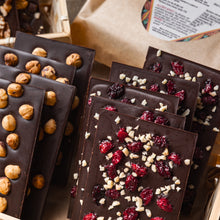Honey Chocolate made with organic raw cacao and local Devon honey no sugar added, dark, raw, topped with cranberries