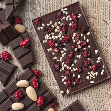 chocolate sweetened with raw local Devon honey, no added sugar, organic cacao, only natural healthy ingredients, topped with cranberries