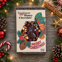 Honey Chocolate Christmas bar no sugar added, made with local honey and organic cacao, dark, with fruit and nuts, only healthy ingredients.
