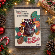 Honey Chocolate Christmas bar no sugar added, made with local honey and organic cacao, dark, artisan, handmade in Devon.