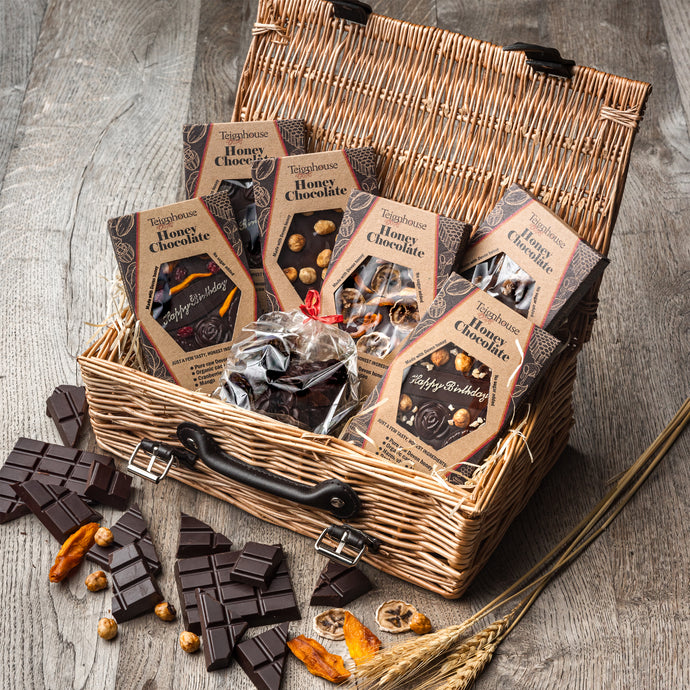 Dark chocolate birthday gift basket, no added sugar, made with raw local honey and organic cacao 