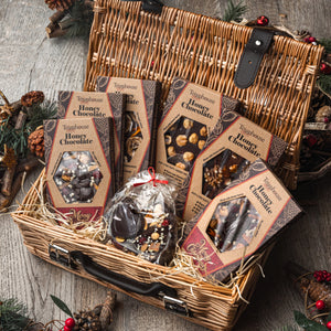 Christmas gift basket containing a few honey chocolate bars, no sugar added, all made with only pure raw local honey and organic cacao