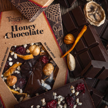 honey chocolate Christmas bar, sugar free, dark, made with local raw honey and organic cacao