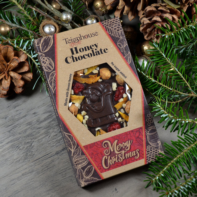 Christmas Honey Chocolate bars made with UK honey, dark, no added sugar, 100g