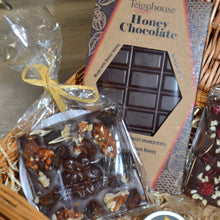 Easter Gift Basket with honey chocolate, dark plain, topped with walnuts, raw honey, candle, made in Devon