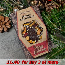 Christmas honey chocolate bar, sugar free, dark, made with raw local honey and organic cacao, from Teignhouse