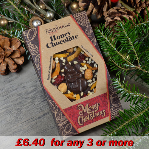Christmas honey chocolate bar, sugar free, dark, made with raw local honey and organic cacao, from Teignhouse