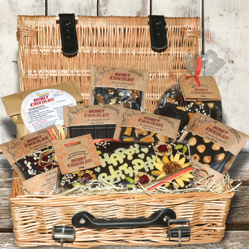 Hamper Basket filled with Honey Chocolate made with local UK honey, no sugar added, raw, healthy and tasty gift, made by HoneyCacao