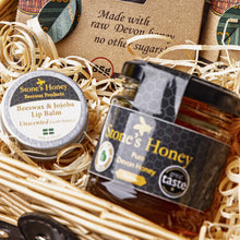 gift basket containing Teignhouse honey chocolate, Stones honey, lip balm and raw Devon honey, made in Devon