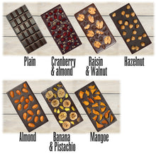 Chocolate bars unpackaged different flavours, sugar free, made with UK honey